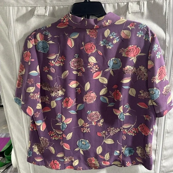 Pendleton Floral Short Sleeve Button Up Blouse Cropped Pruple Collar Sz 16 - Picture 6 of 6